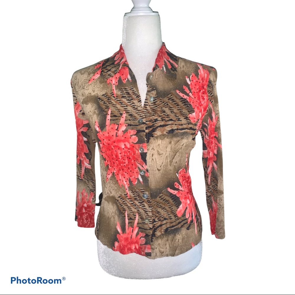 Alberto Makali Brown Animal Print Top with Coral Flowers Sz S